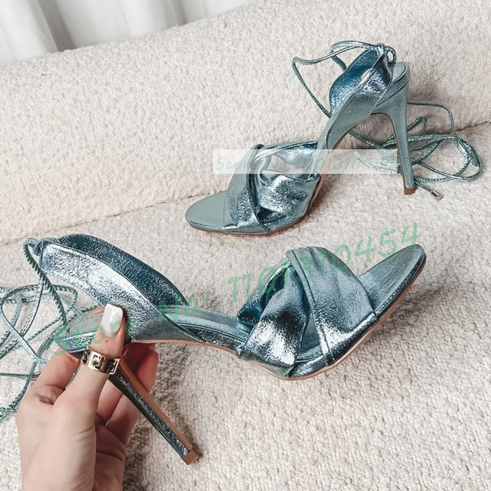 Crossfit Lady - Metallic Blauwe Wrap Hakken Sandalen Vrouwen